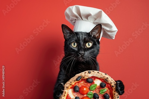 Black Cat Chef Holding Freshly Made Pizza Against Red Background