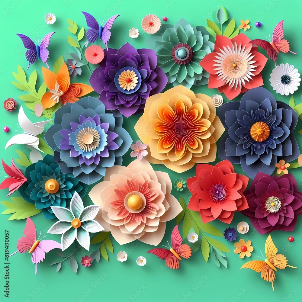 abstract colorful paper flowers 3d rendering, Flower paper style, colorful rose, paper craft floral, Butterfly paper fly on Green background abstract colorful paper flowers 3d rendering, Flower paper style, colorful rose, paper craft floral, Butterfly paper fly on Green background