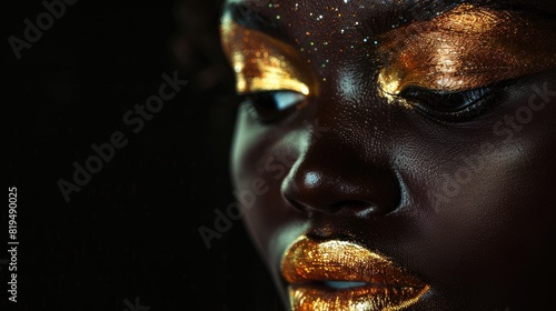 Close-Up of Model with Glittering Gold Makeup on Dark Skin in Dramatic Lighting