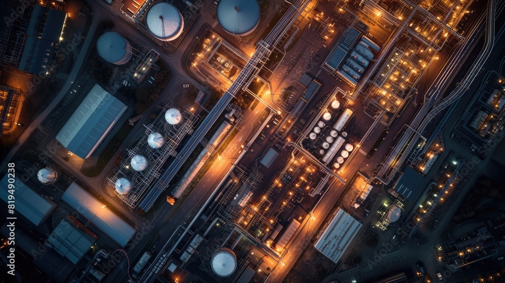 Aerial view of city view and industrial factory view with light in ...