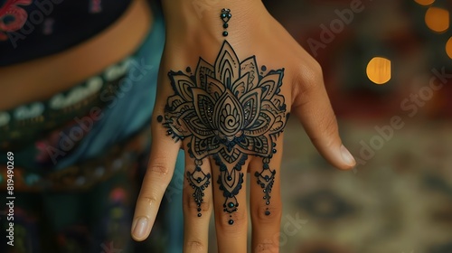 Cropped Hand Of Caucasian Woman With Henna Tattoo Artistic Concept, beautiful smal tatoo design for hand photo