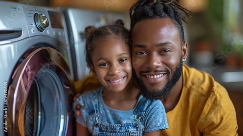 A photo of a family using energy-efficient appliances, highlighting the importance of conserving energy and reducing household environmental impact..stock image