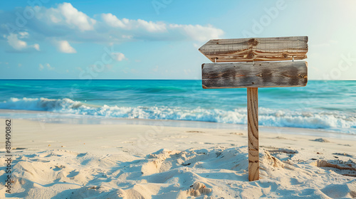 Beautiful sandy beach and rustic wood sign pointing towards soft blue ocean waves, generative Ai