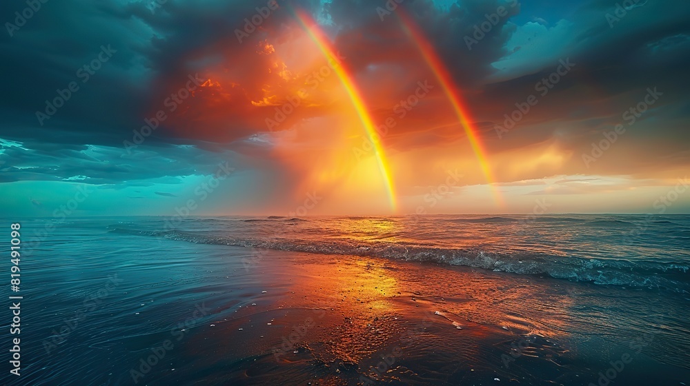 A vibrant rainbow emerging from a stormy sky, representing hope and the possibility of a brighter future for our planet..illustration graphic A vibrant rainbow emerging from a stormy sky, representing hope and the possibility of a brighter future for our planet..illustration graphic