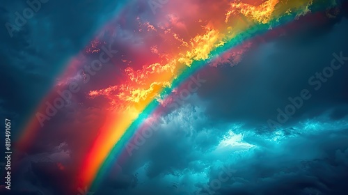 A vibrant rainbow emerging from a stormy sky, representing hope and the possibility of a brighter future for our planet..illustration © Claudine