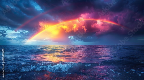 A vibrant rainbow emerging from a stormy sky, representing hope and the possibility of a brighter future for our planet..stock photo photo