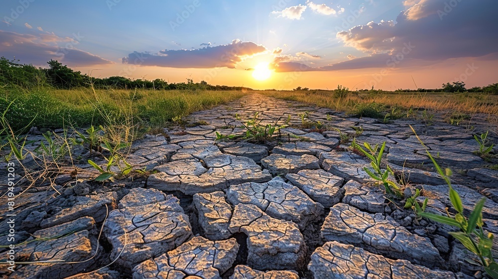 A cracked and parched earth, representing the impact of drought and ...