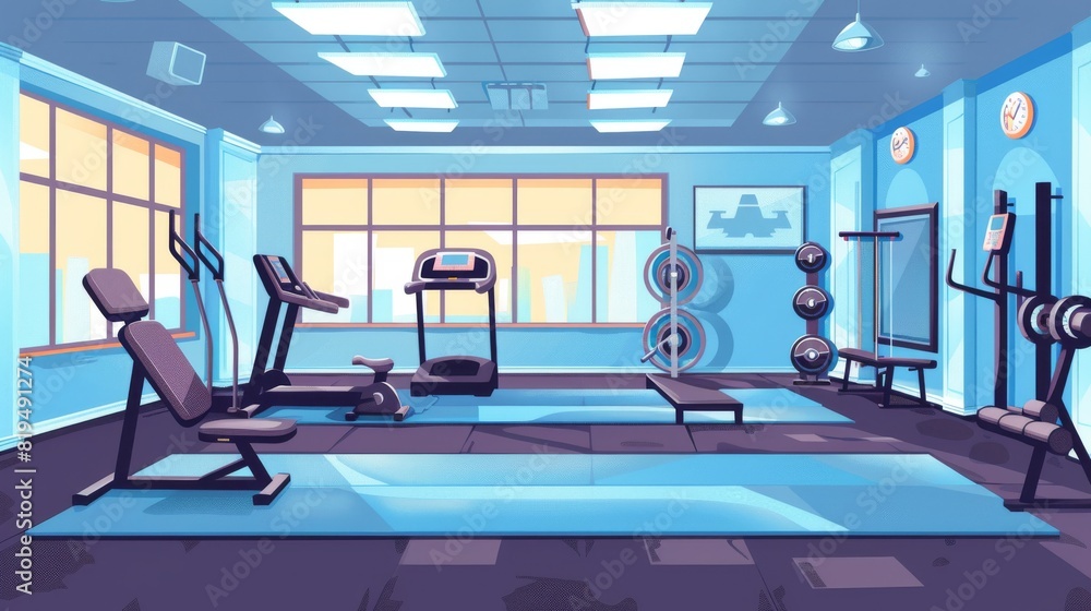 Comprehensive exercise flat design front view fitness theme cartoon drawing Complementary Color Scheme