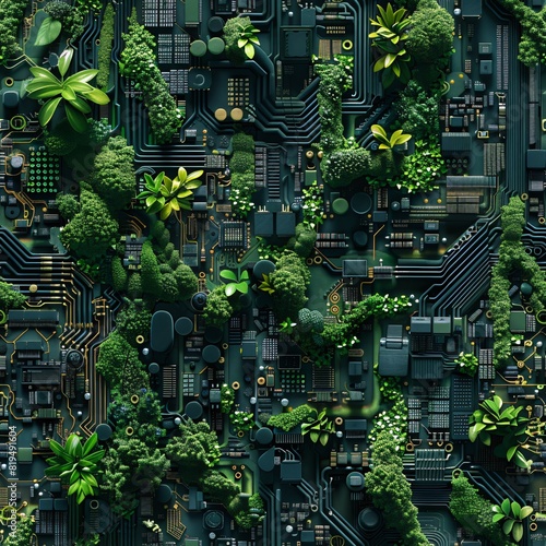 A high-tech circuit board with integrated green plants, symbolizing nature and technology in harmony. photo