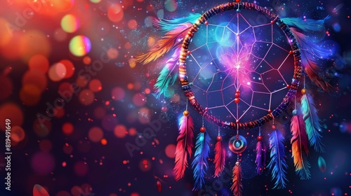 Boho dreamcatcher with feathers and beads with rainbow highlights around the edges, central area left blank for text photo