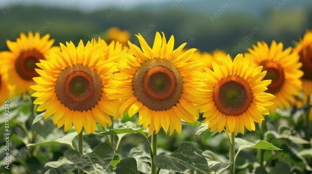 Fototapeta premium Bright sunflowers in golden summer field 