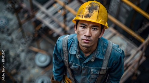 Portrait of a Hardworking Asian Construction Worker on an Industrial Worksite