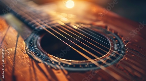 shot of acoustic guitar sound hole pickup type . made by wood, selective focus photo