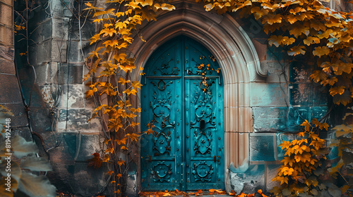 Beautiful turquoise antique door of an old castle  generative Ai