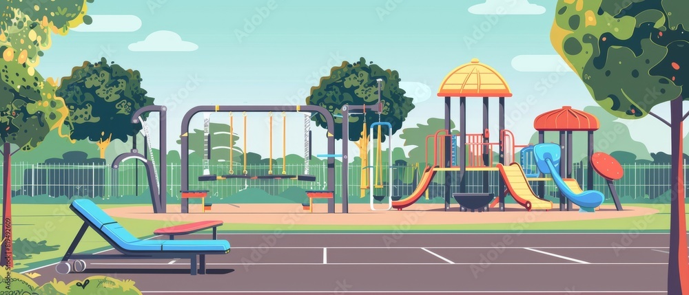 Fototapeta premium Personal fitness playground flat design side view lifestyle theme cartoon drawing vivid