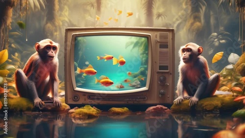 Monkeys curiously watching fish swim on an old television set placed in a lush jungle. The surreal scene blends elements of wildlife with technology, creating a whimsical and thought-provoking image.  photo