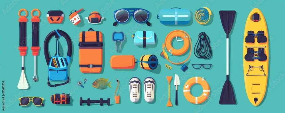 Outdoor water activities gear flat design top view fitness theme water color Triadic color scheme Outdoor water activities gear flat design top view fitness theme water color Triadic color scheme
