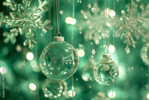 Glowing glass balls amidst suspended snowflakes on a festive green backdrop.