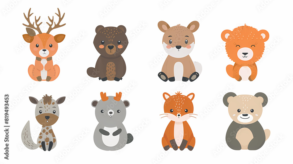 A set of cute cartoon animals. Vector flat images of animals for postcards, invitations, textiles, thermal printing