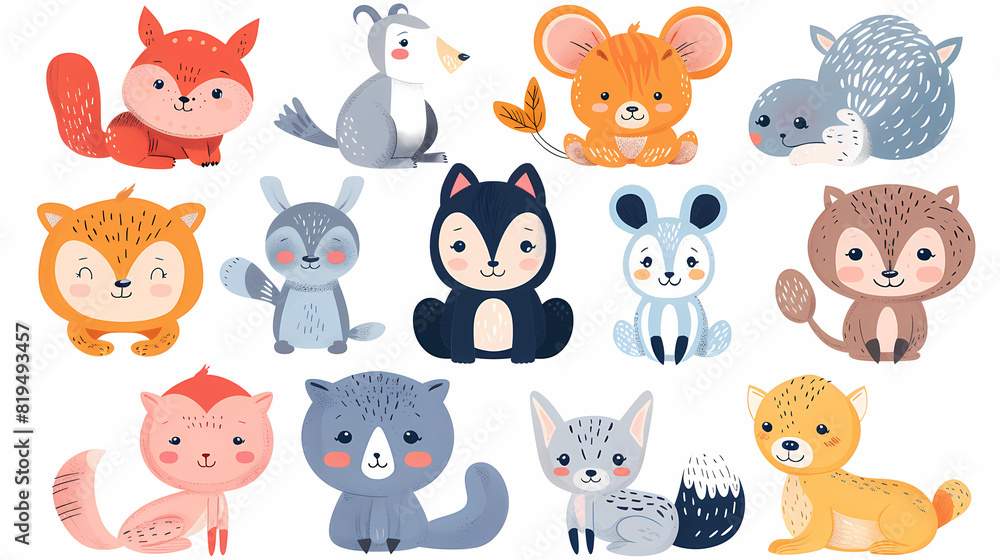 A set of cute cartoon animals. Vector flat images of animals for postcards, invitations, textiles, thermal printing A set of cute cartoon animals. Vector flat images of animals for postcards, invitations, textiles, thermal printing