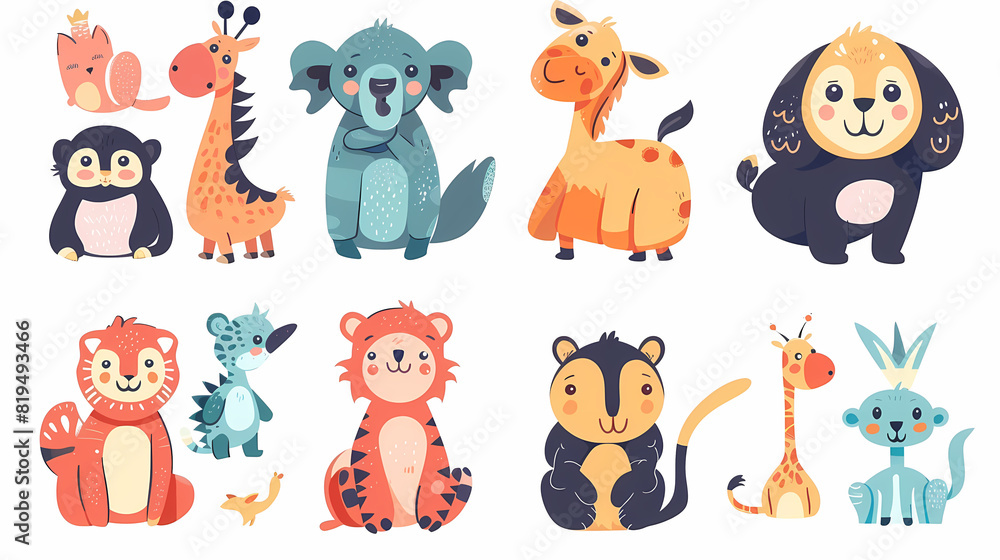 Fototapeta premium A set of cute cartoon animals. Vector flat images of animals for postcards, invitations, textiles, thermal printing
