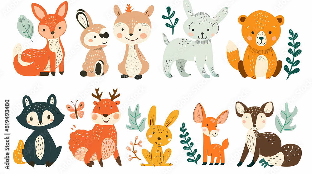 A set of cute cartoon animals. Vector flat images of animals for postcards, invitations, textiles, thermal printing A set of cute cartoon animals. Vector flat images of animals for postcards, invitations, textiles, thermal printing