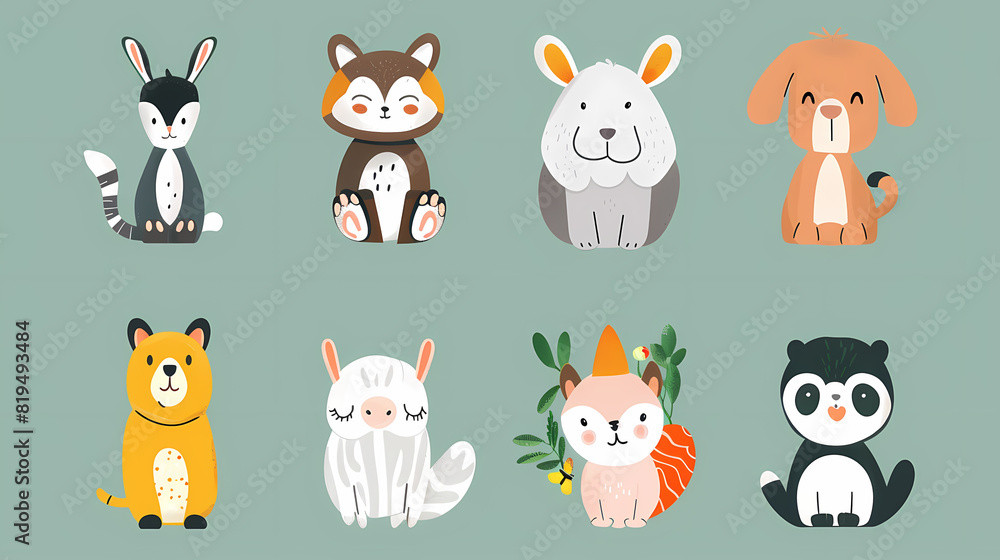 A set of cute cartoon animals. Vector flat images of animals for postcards, invitations, textiles, thermal printing A set of cute cartoon animals. Vector flat images of animals for postcards, invitations, textiles, thermal printing
