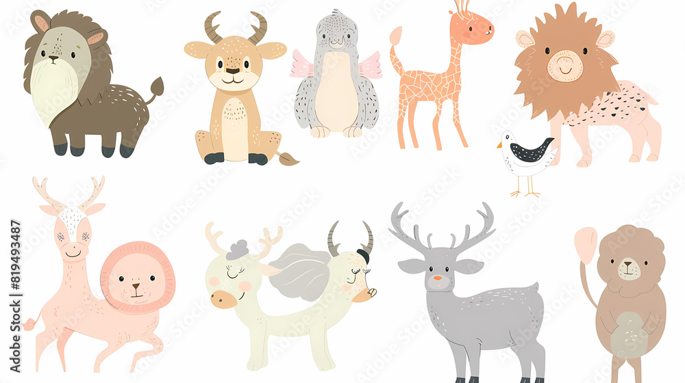 Fototapeta premium A set of cute cartoon animals. Vector flat images of animals for postcards, invitations, textiles, thermal printing