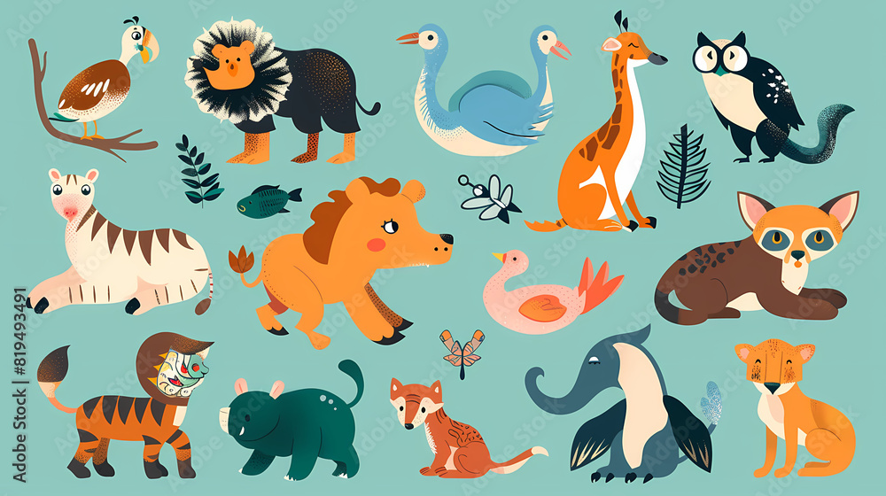 A set of cute cartoon animals. Vector flat images of animals for postcards, invitations, textiles, thermal printing