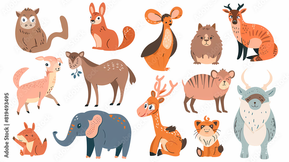 Fototapeta premium A set of cute cartoon animals. Vector flat images of animals for postcards, invitations, textiles, thermal printing