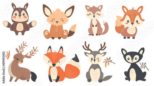 A set of cute cartoon animals. Vector flat images of animals for postcards, invitations, textiles, thermal printing