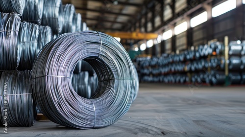 coils of steel wire bunch in front of aluminium sheet wall, raw material for industrial work photo
