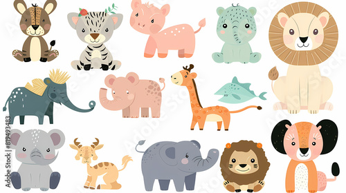 A set of cute cartoon animals. Vector flat images of animals for postcards, invitations, textiles, thermal printing