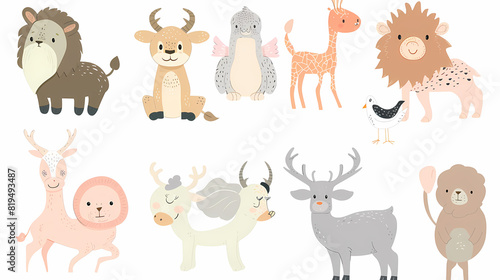 A set of cute cartoon animals. Vector flat images of animals for postcards, invitations, textiles, thermal printing