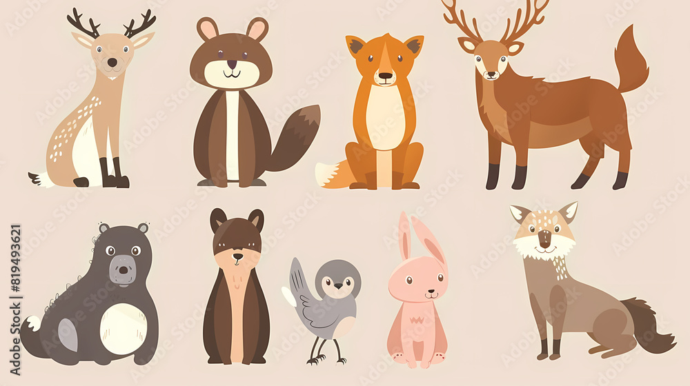 Fototapeta premium A set of cute cartoon animals. Vector flat images of animals for postcards, invitations, textiles, thermal printing