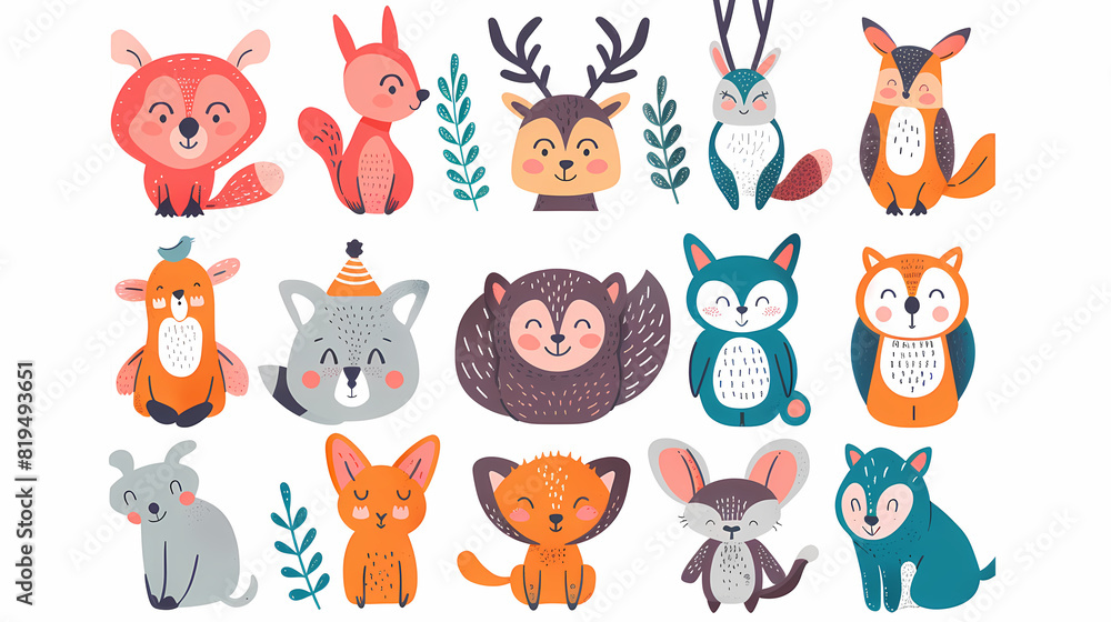 Obraz premium A set of cute cartoon animals. Vector flat images of animals for postcards, invitations, textiles, thermal printing