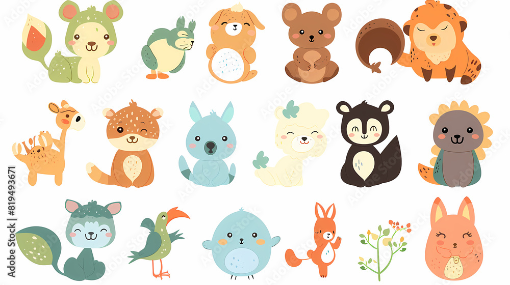 A set of cute cartoon animals. Vector flat images of animals for postcards, invitations, textiles, thermal printing A set of cute cartoon animals. Vector flat images of animals for postcards, invitations, textiles, thermal printing
