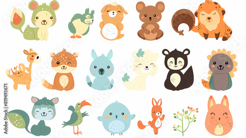 A set of cute cartoon animals. Vector flat images of animals for postcards, invitations, textiles, thermal printing