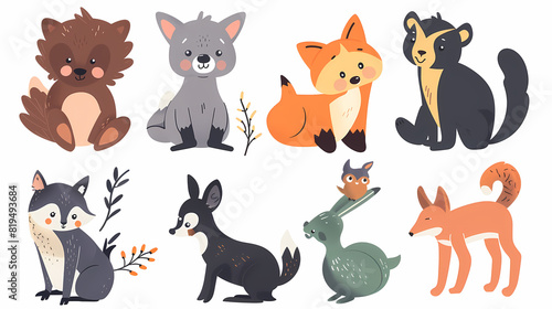 A set of cute cartoon animals. Vector flat images of animals for postcards  invitations  textiles  thermal printing