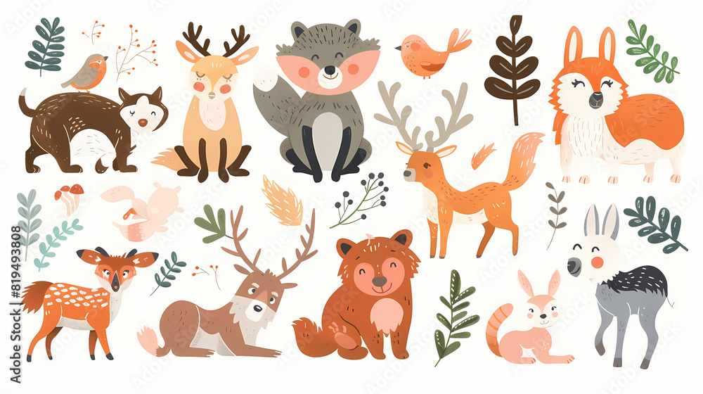 A set of cute cartoon animals. Vector flat images of animals for postcards, invitations, textiles, thermal printing A set of cute cartoon animals. Vector flat images of animals for postcards, invitations, textiles, thermal printing