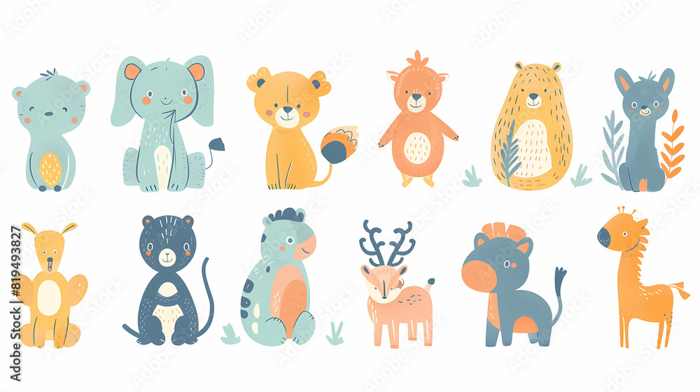 Obraz premium A set of cute cartoon animals. Vector flat images of animals for postcards, invitations, textiles, thermal printing