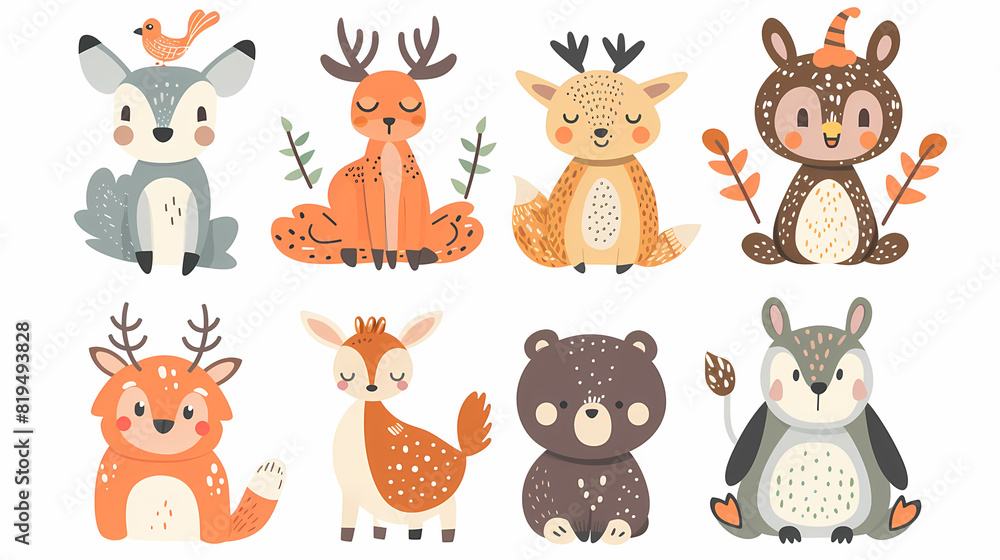 Naklejka premium A set of cute cartoon animals. Vector flat images of animals for postcards, invitations, textiles, thermal printing