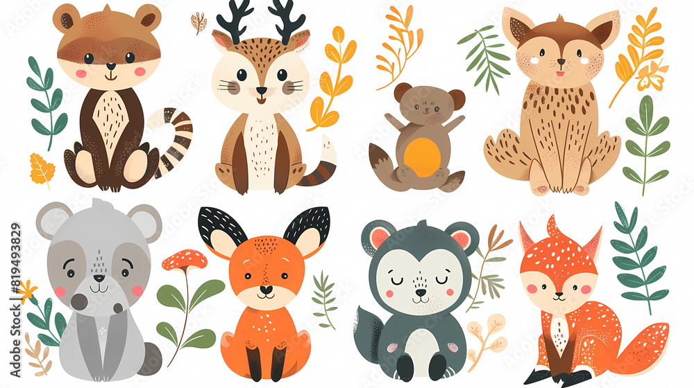 Obraz premium A set of cute cartoon animals. Vector flat images of animals for postcards, invitations, textiles, thermal printing