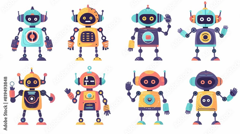 Set of happy funny cartoon childish robots wave hand, say hello Cute kid cyborgs, retro, futuristic modern bots, android, smiling characters in flat vector illustration isolated on white background, Set of happy funny cartoon childish robots wave hand, say hello Cute kid cyborgs, retro, futuristic modern bots, android, smiling characters in flat vector illustration isolated on white background,