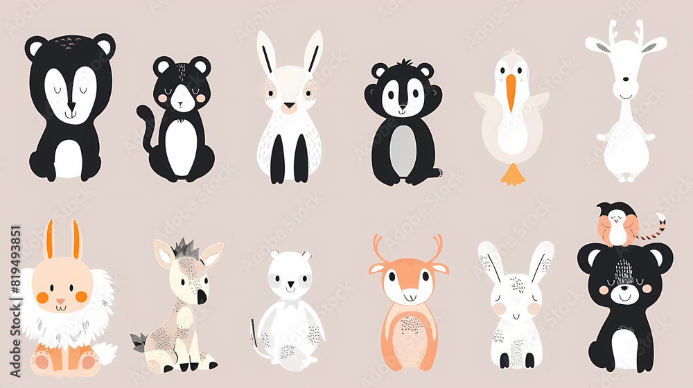 A set of cute cartoon animals. Vector flat images of animals for postcards, invitations, textiles, thermal printing A set of cute cartoon animals. Vector flat images of animals for postcards, invitations, textiles, thermal printing