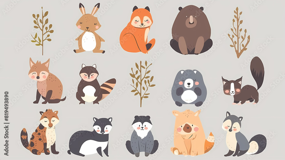 A set of cute cartoon animals. Vector flat images of animals for postcards, invitations, textiles, thermal printing A set of cute cartoon animals. Vector flat images of animals for postcards, invitations, textiles, thermal printing