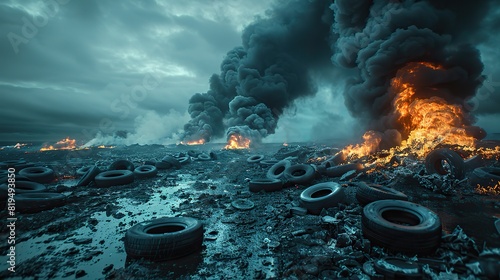 A photo of a pile of burning tires releasing thick black smoke into the air, illustrating the problem of air pollution caused by improper waste incineration..illustration graphic photo