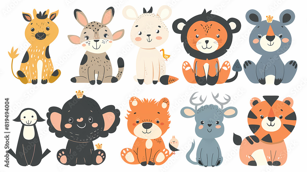 Obraz premium A set of cute cartoon animals. Vector flat images of animals for postcards, invitations, textiles, thermal printing