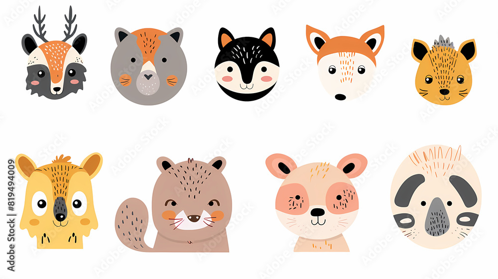 A set of cute cartoon animals. Vector flat images of animals for postcards, invitations, textiles, thermal printing