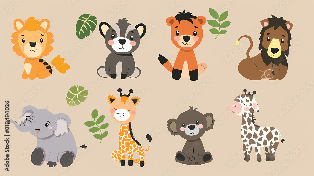 Obraz premium A set of cute cartoon animals. Vector flat images of animals for postcards, invitations, textiles, thermal printing